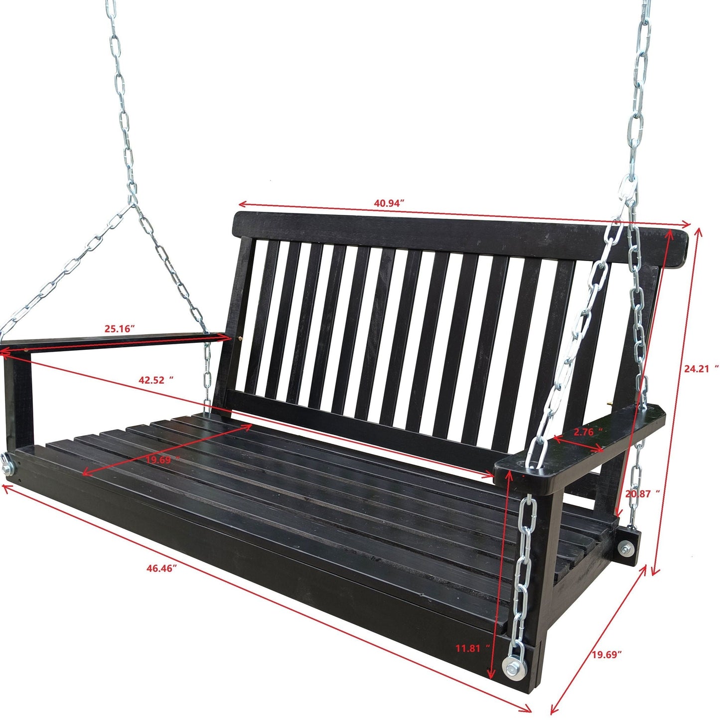 Front Porch Swing With Armrests For Outdoor Patio, Garden Yard, Backyard Or Sunroom
