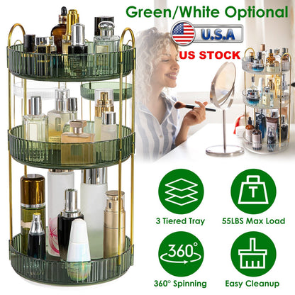 3 Tier Rotating Makeup Organizer 360¡ Spinning Perfume Cosmetic Storage Tray 55LBS Load Countertop Shelves for Lotion Lipstick
