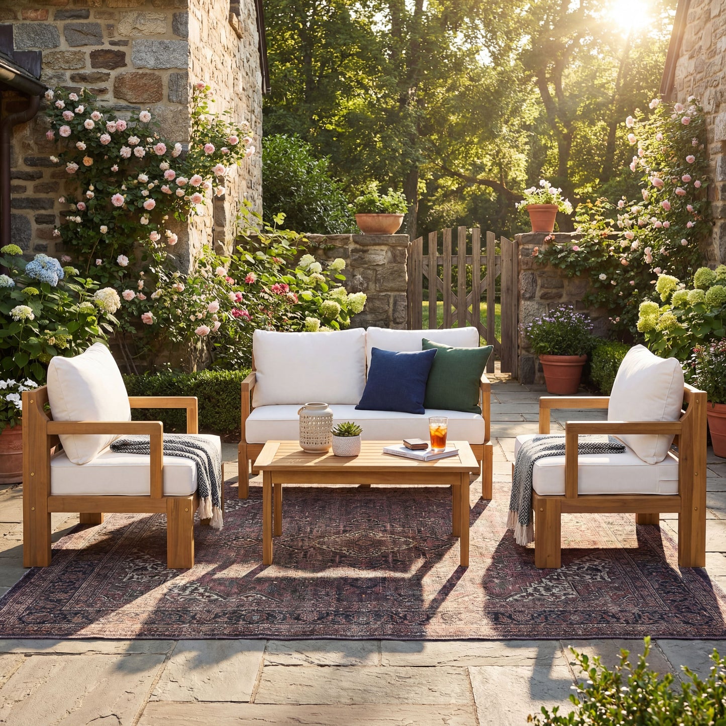 Outdoor 4-Seater Acacia Wood Patio Chat Set, Beige + Natural
