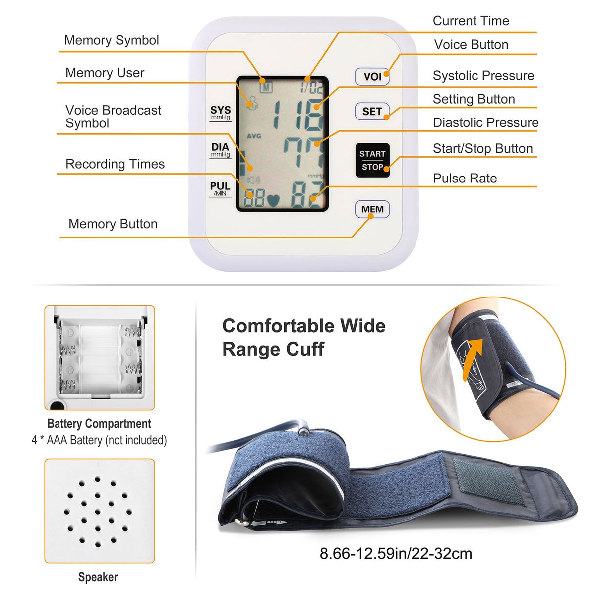 Arm Blood Pressure Monitor with Adjustable Cuff (8.7in-12.6in) Irregular Heartbeat Detector Voice Broadcast 2UsersÊ99 Memories LCD Display CE FDA Appr