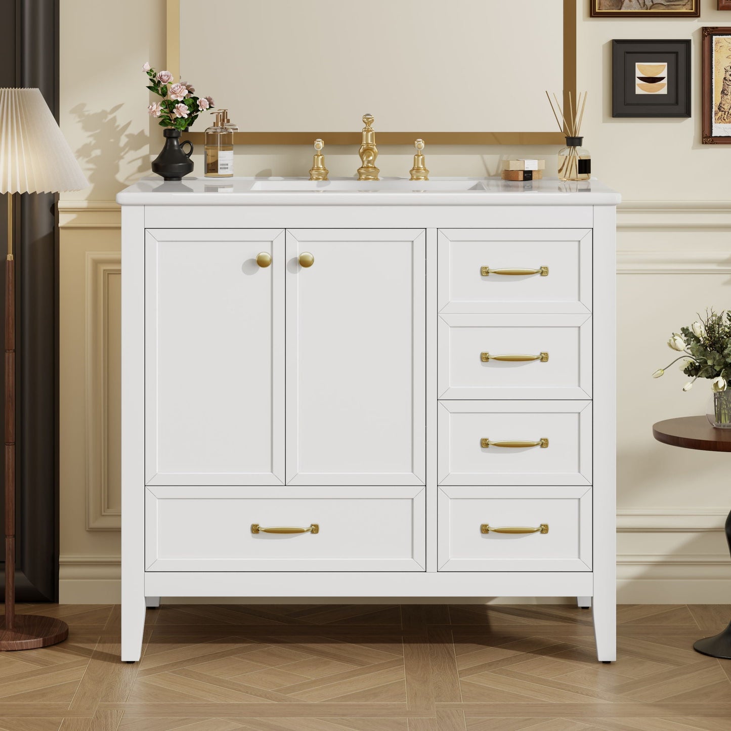 Elegant Vintage Bathroom Vanity With Sink and Soft Closing Drawers