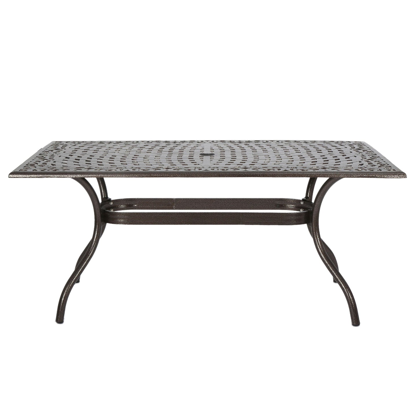 Celestine Outdoor Cast Aluminum Dining Table with Floral Lattice Design and Umbrella Holder