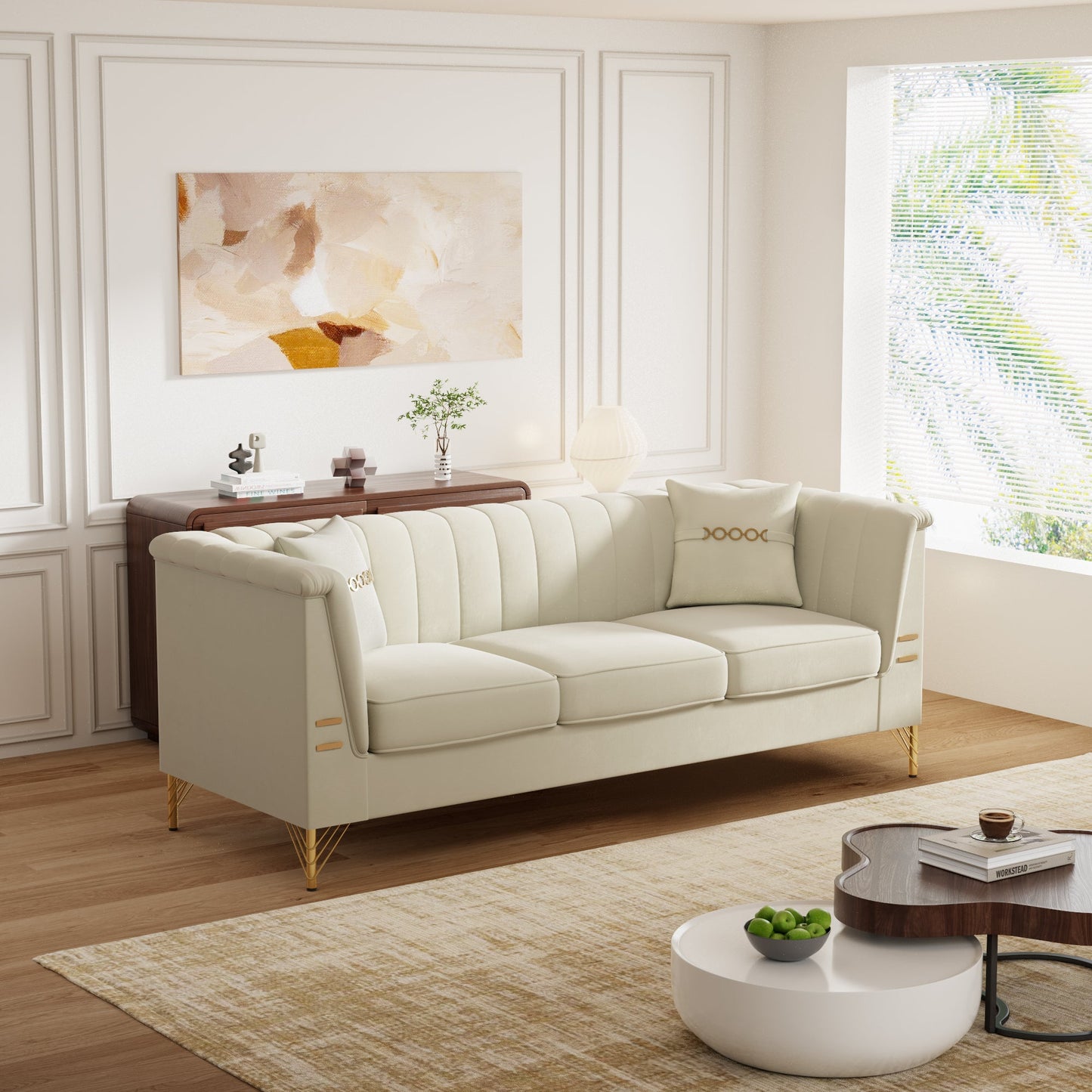FX-P82-BE3 Modern Velvet 3-Seater Chesterfield Sofa with 2 Pillows