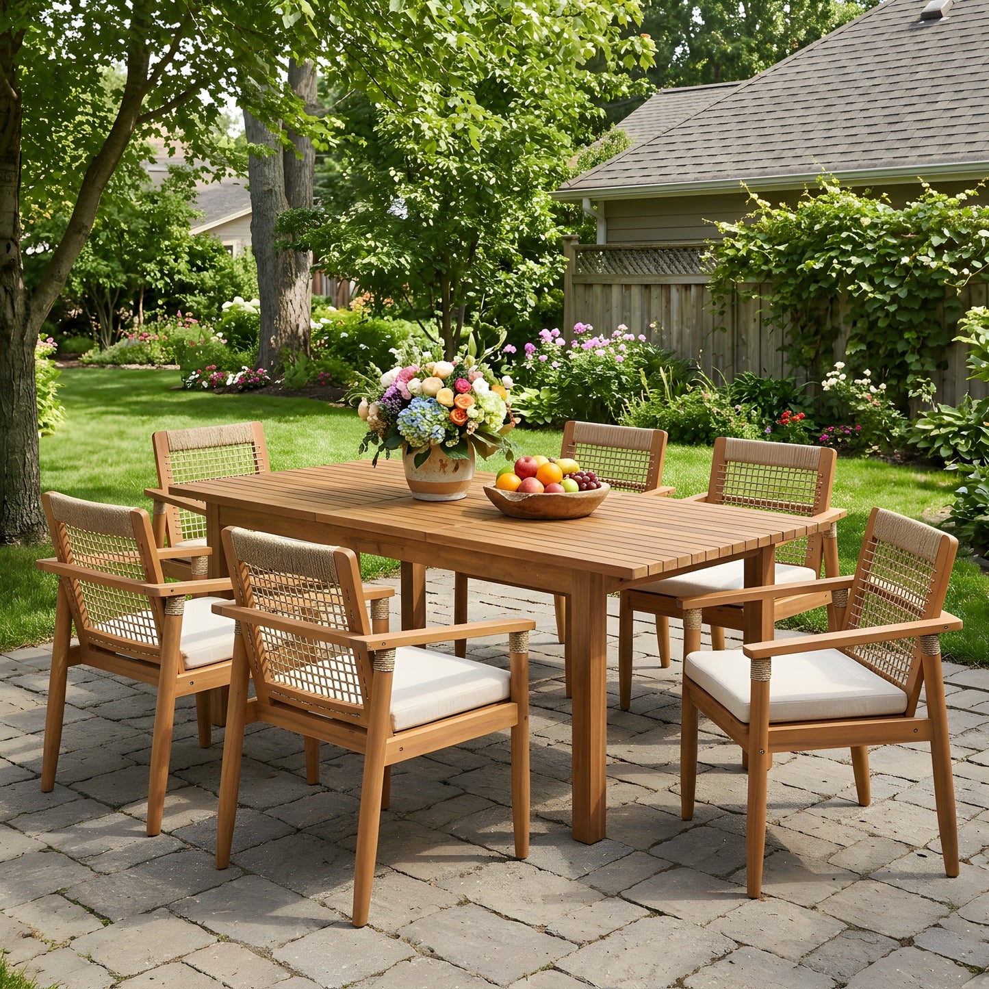 7 Pieces Acacia Wood Outdoor Dining Set with Cushions