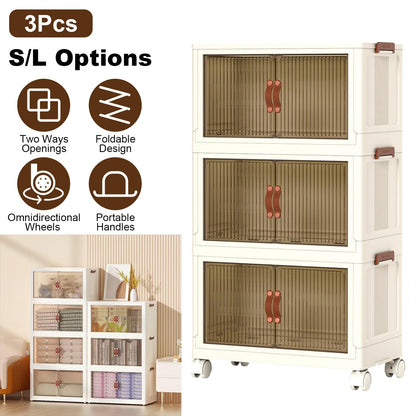 3Pcs Foldable Storage Bins with Lid Front Magnetic Door Collapsible Stackable Closet Organizer Containers with 4Pcs 360¡ Rotatable Wheels 8Pcs Small W