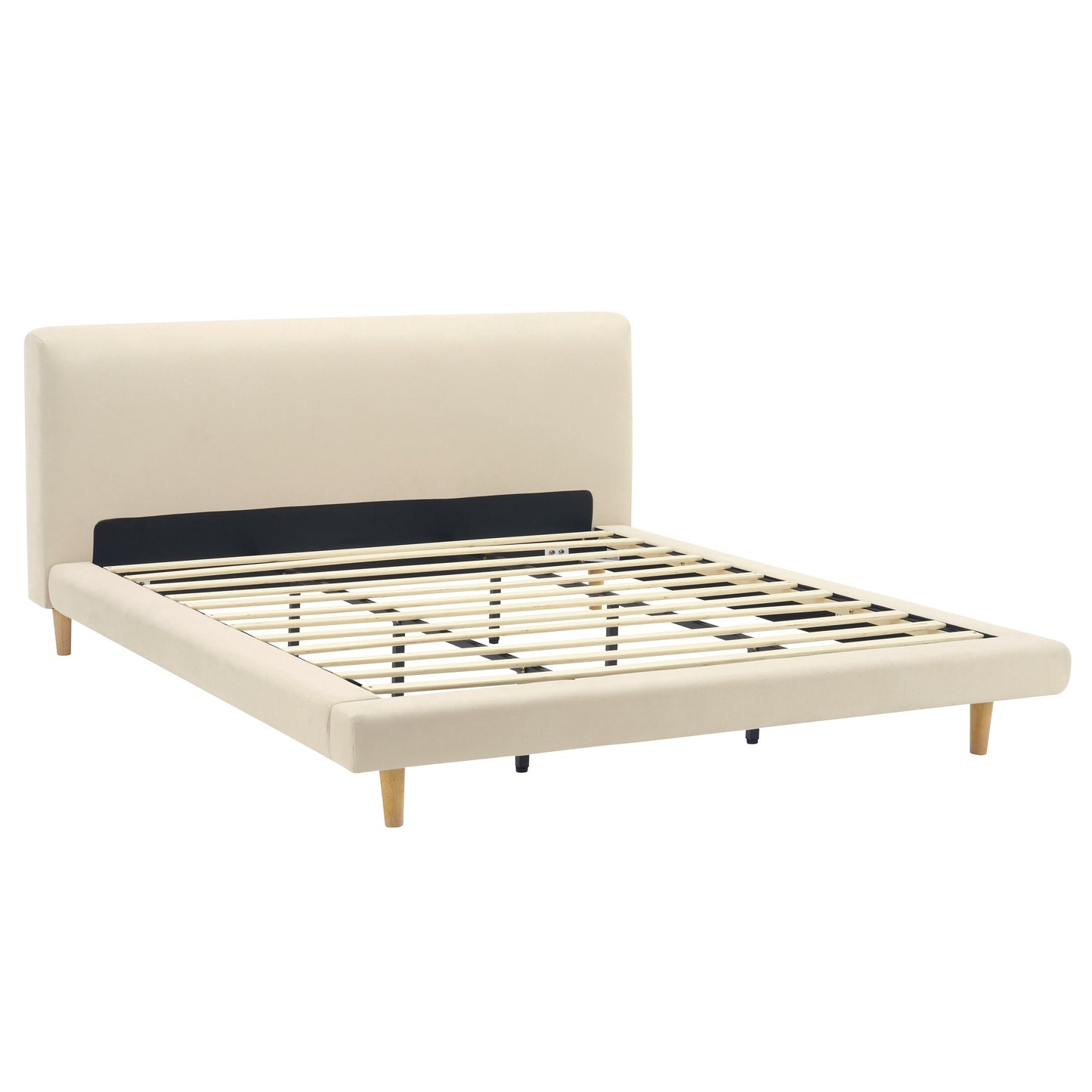 Beige Chunky Headboard Bed Frame with Solid Rubberwood Legs, Cal-King
