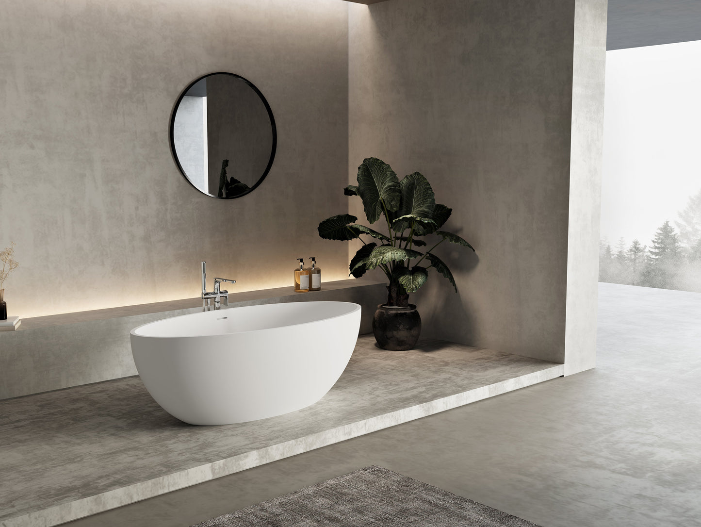 67 in. x 31 in. Oval Freestanding Solid Surface Soaking Bathtub with Center Drain in Matte