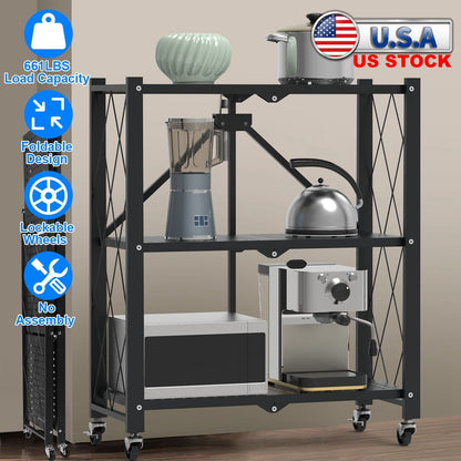 3-Tier Foldable Storage Shelf With Lockable Wheels No Assembly Rolling Utility Shelf Heavy Duty Collapsible Organizer Rack For Kitchen Living Room Bas