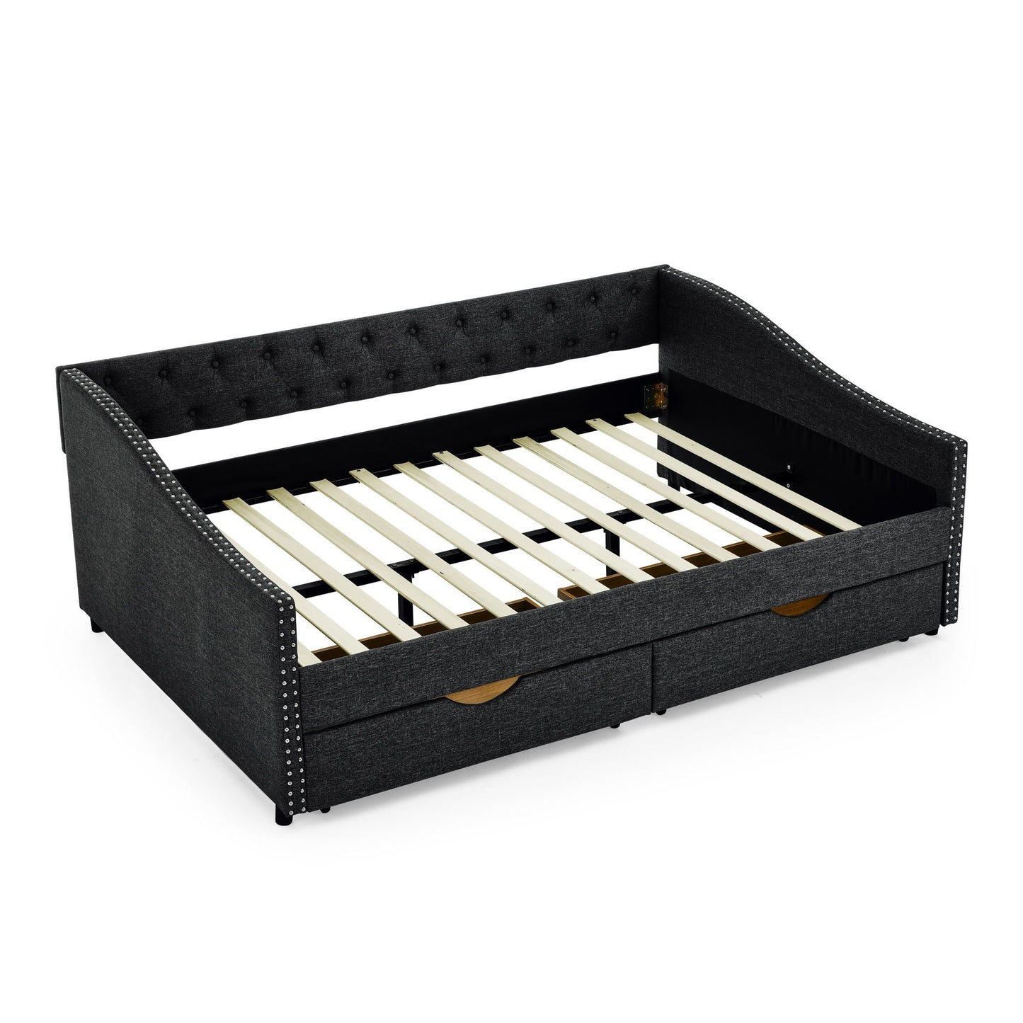 Upholstered Tufted Daybed With 2 Drawers, Waved Arms