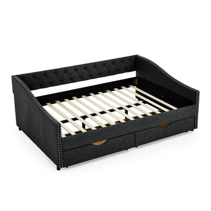 Upholstered Tufted Daybed With 2 Drawers, Waved Arms