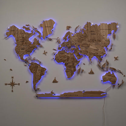3D Solid Wooden World Map - Ash