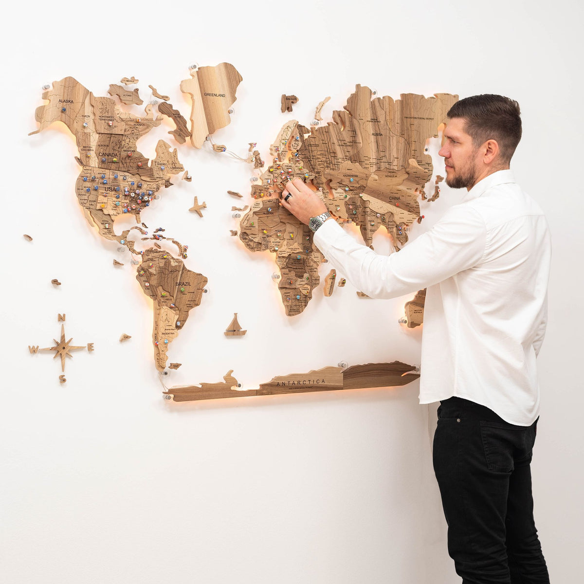 3D Solid Wooden World Map - Walnut