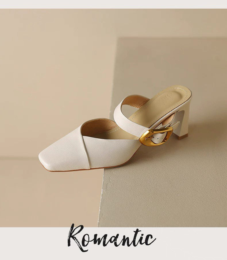 Summer New Women French Style Pointed Toe Mules, Fashion Outdoor Wear Versatile Block Heel Closed Toe Slide High Heels For Dresses