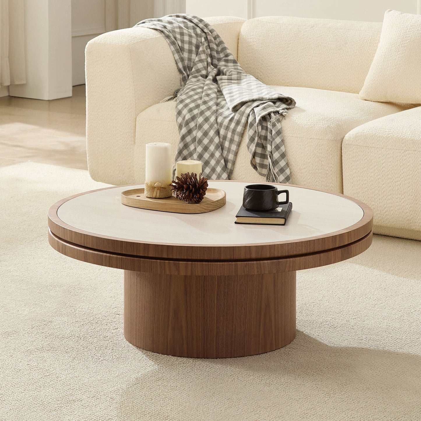 35.43 Inch Coffee Table with Sintered Stone Tabletop in Walnut