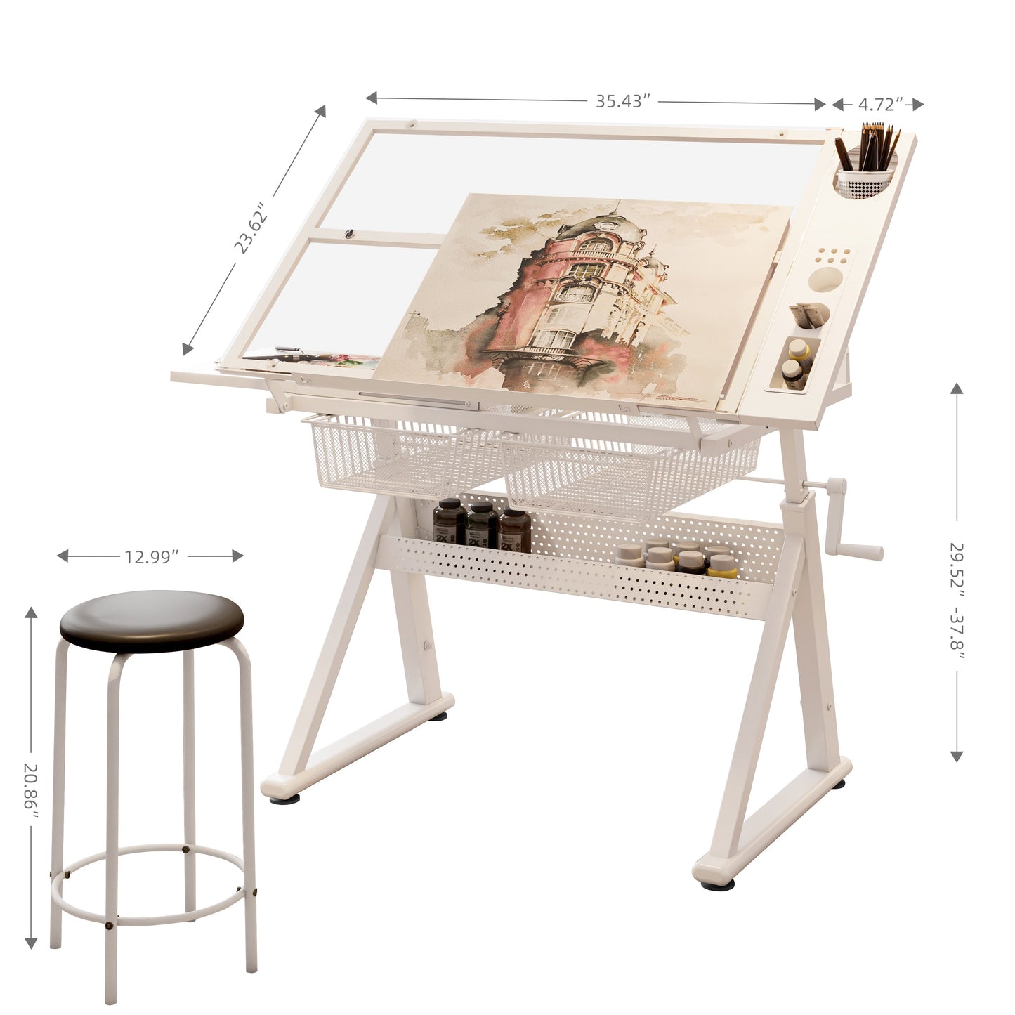 Hand Crank Adjustable Tempered Glass Drafting Table with Chair