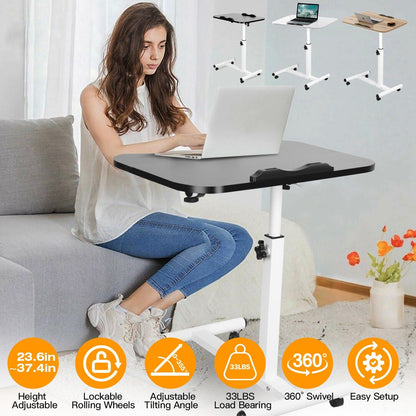 Rolling Laptop Table Portable Computer Desk Movable Table with Adjustable Height Tilting Angle