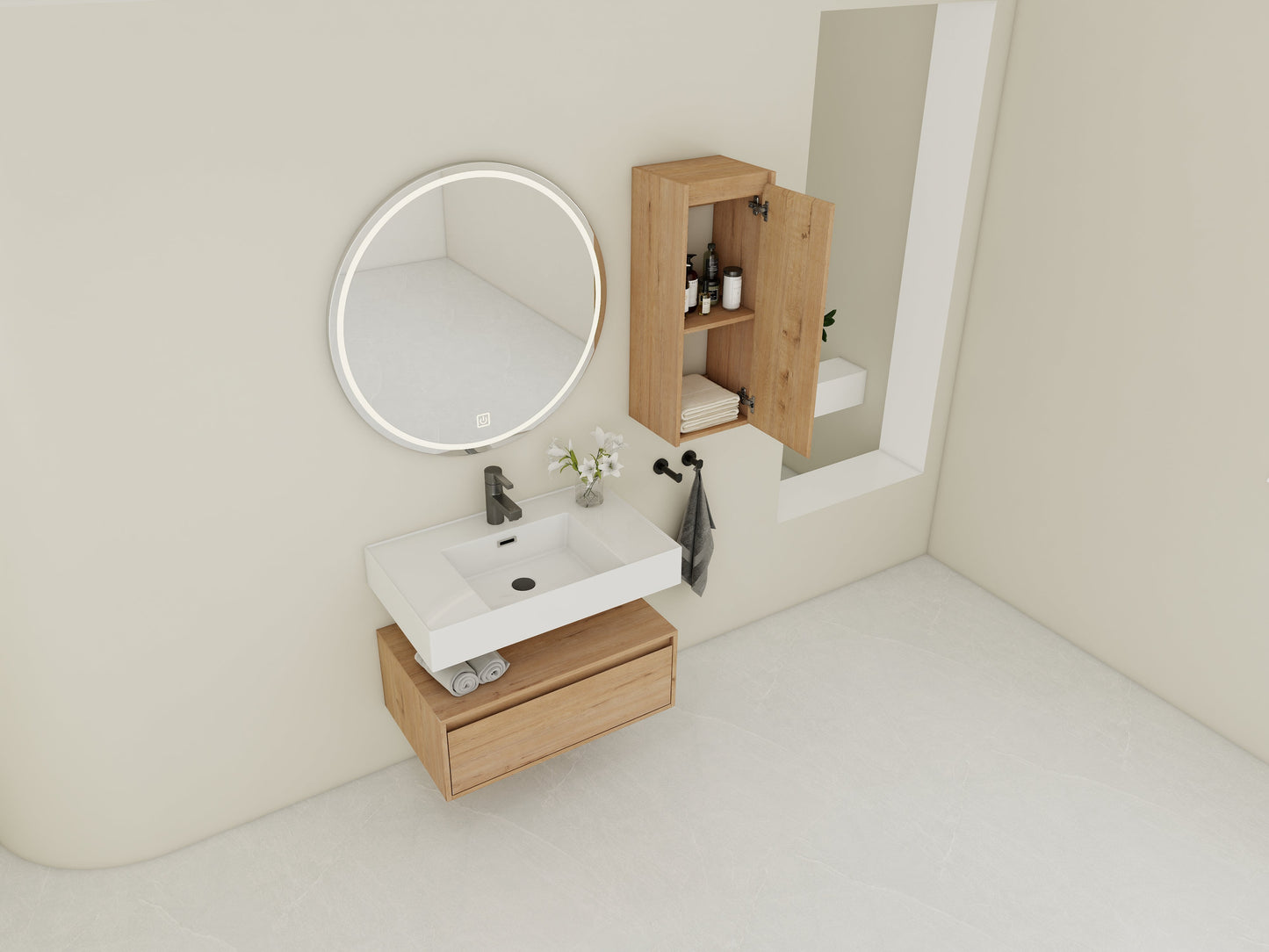 30-Inch Wall-Mounted Bathroom Vanity with Resin Sink and Side Cabinet
