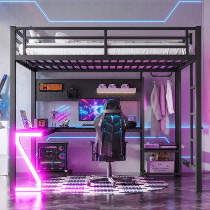 Queen Loft Bed with L-shaped Desk and USB Ports