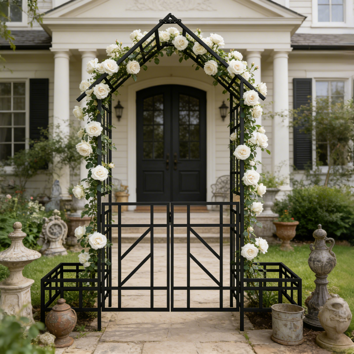 Metal Garden Arch with Gate and Planter for Climbing Plants