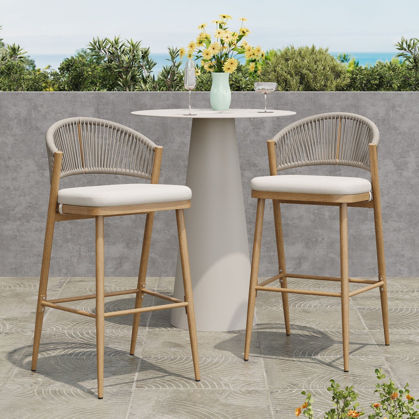 Outdoor Bar Height Metal Frame Counter Stools with Scallop-Shaped Backrest & Water-Resistant Cushions