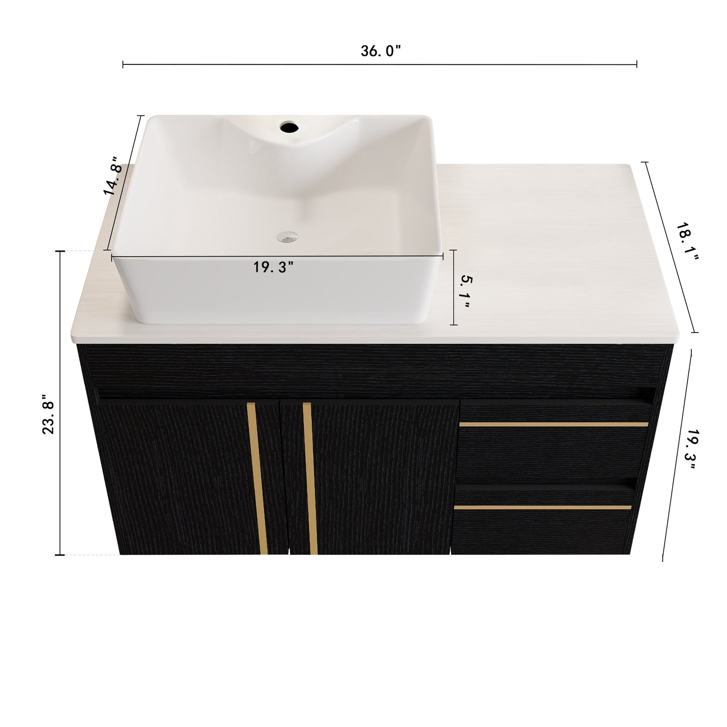 36" Wall-Mounted Bathroom Vanity with Vessel Ceramic Sink & Plywood Countertop