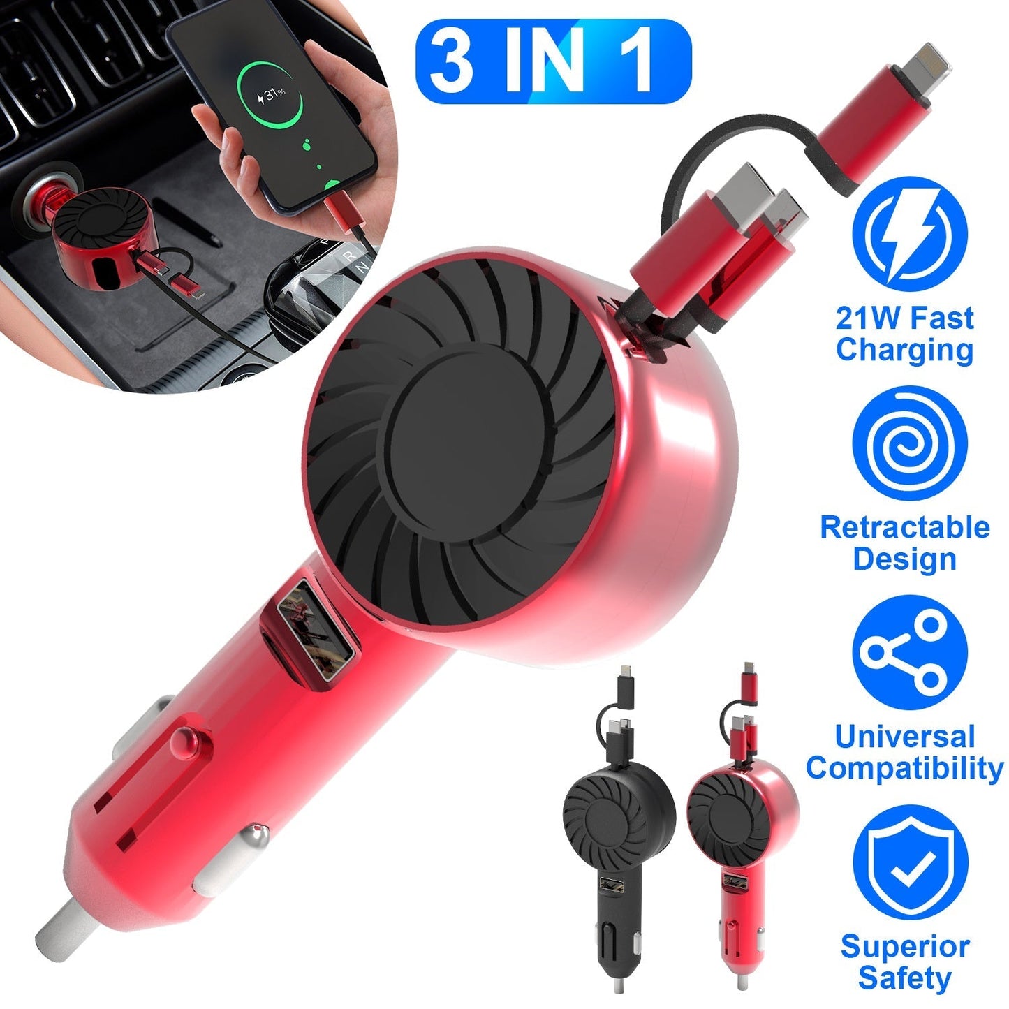 21W 3 In 1 Retractable Car Charger Fast Car Charger Mini Car Phone Charger with USB Port Type-C Cable LT & Micro Cable Fit For IOS Phone 15/14/13 And