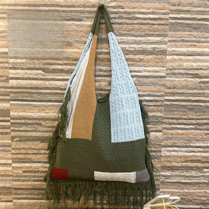 Tassel bag women, splicing knitted shoulder bag, simple and versatile retro knitted bag hobo
