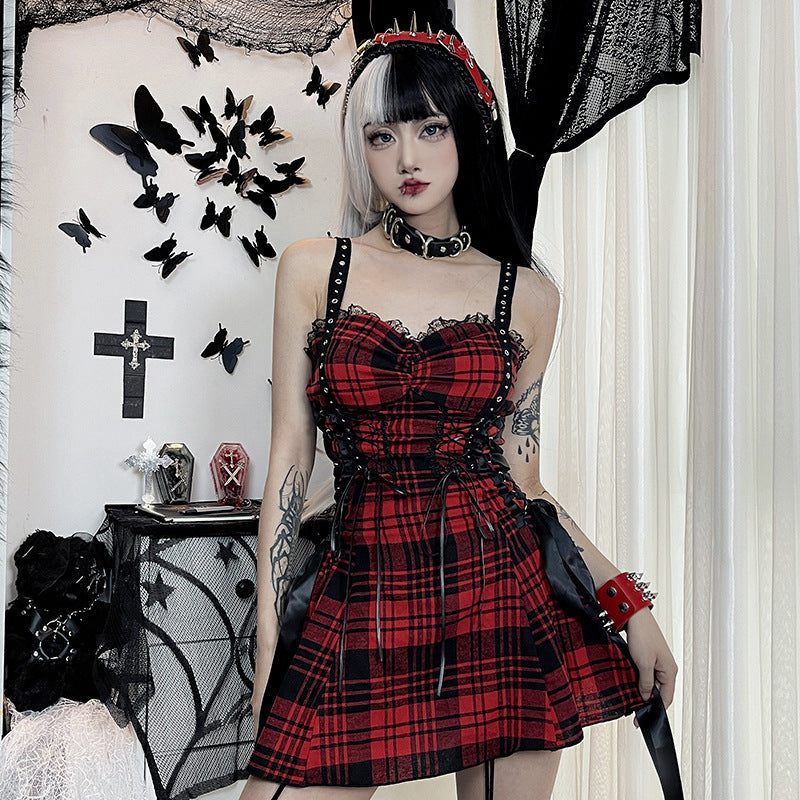 Dark Red Plaid Hot Girl Sling Design Sense Dress