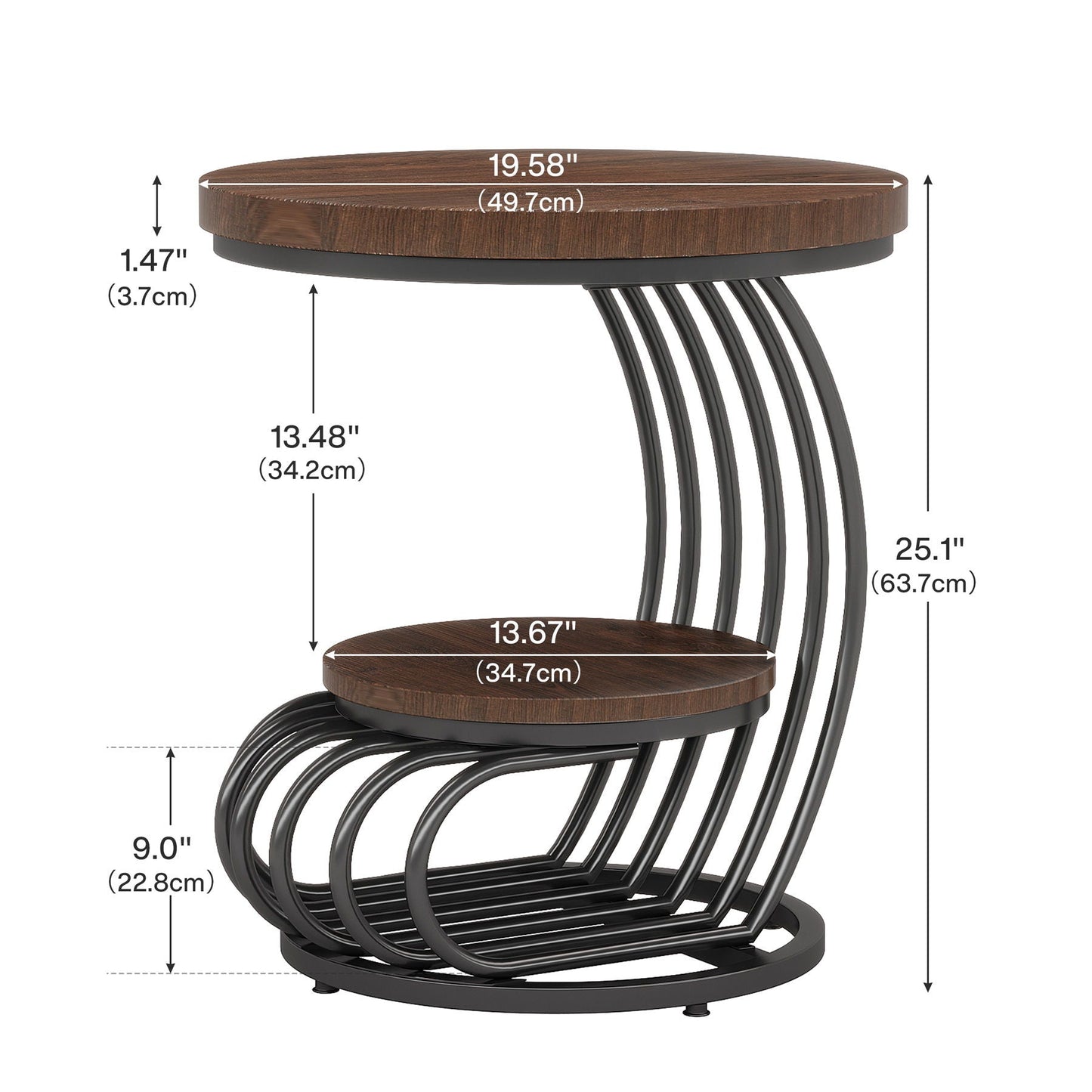 Round Vintage End Table With 2 Tier Storage