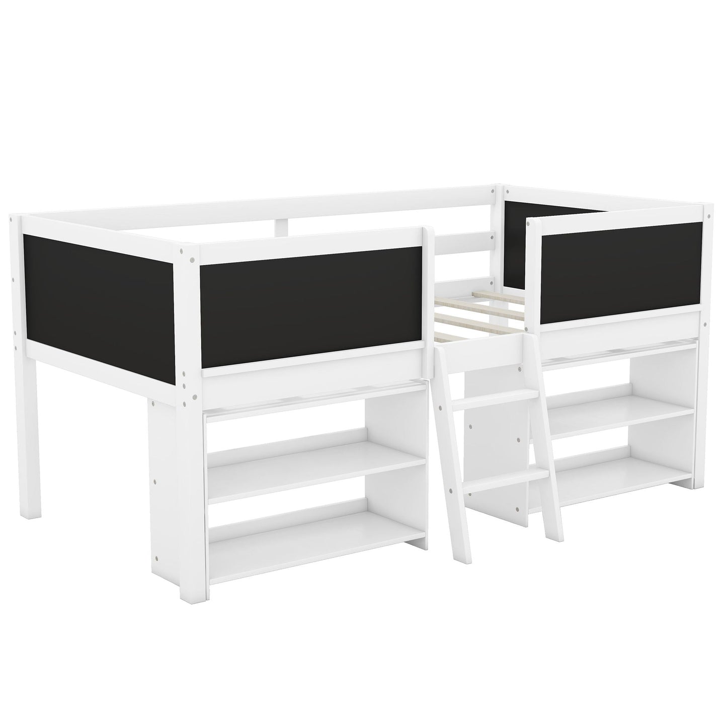 Low Loft Bed With Movable Shelves And Ladder, Decorative Chalkboard Guardrail
