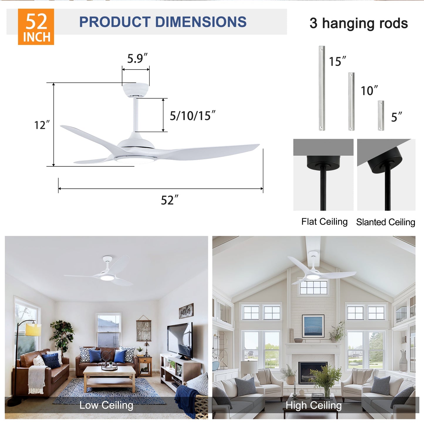 52 Inch ABS Blades Ceiling Fan with LED Light Kit