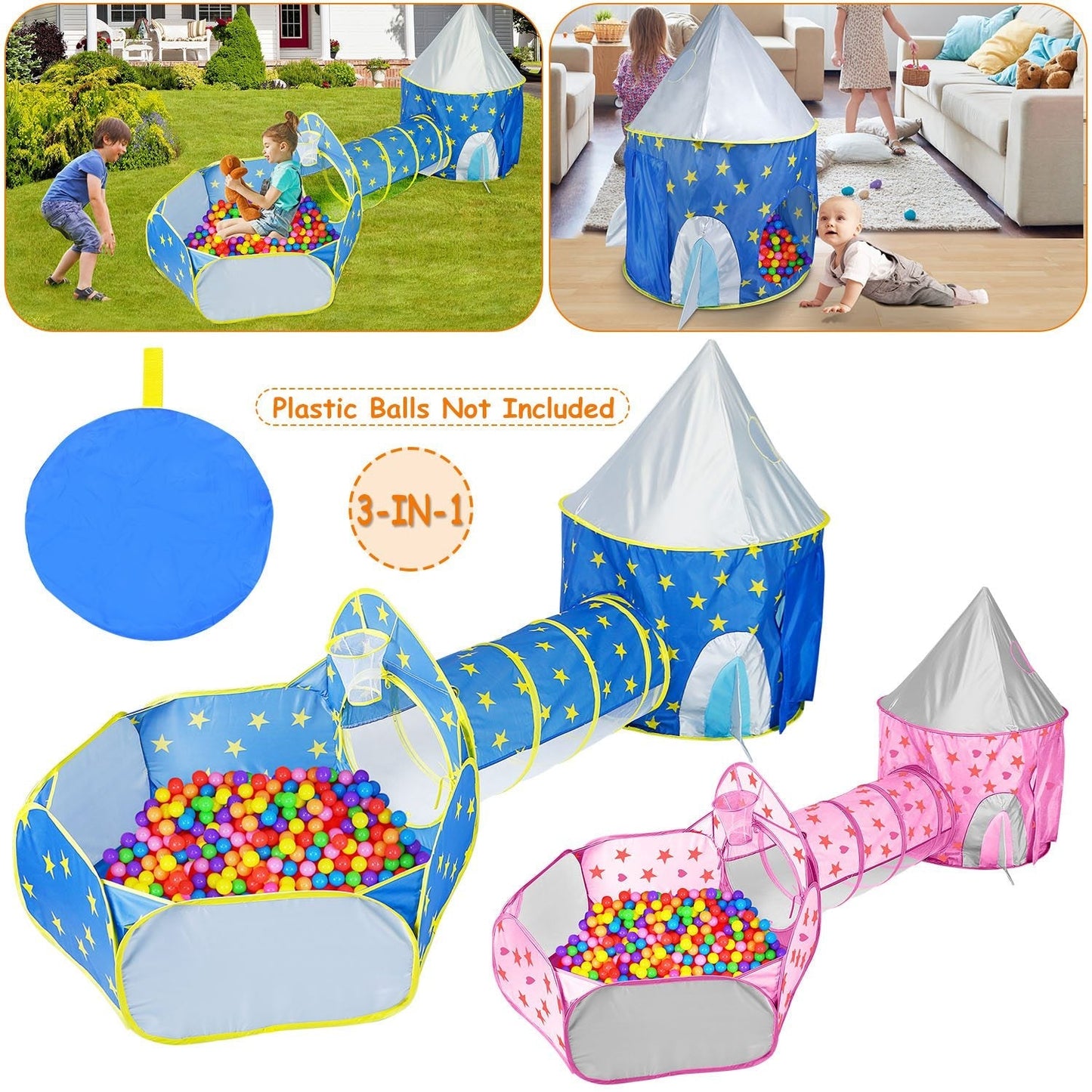 3 In 1 Child Crawl Tunnel Tent Kids Play Tent Ball Pit Set Foldable Children Play House Pop-up Kids Tent w/Storage Bag For Indoor Outdoor Travel Use