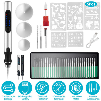 Electric Engraving Pen with 33Pcs Burr Bits 5Pcs Stencils 3 Gears Speed Rechargeable Cordless Professional Engraver Etching Machine For Jewelry Glass