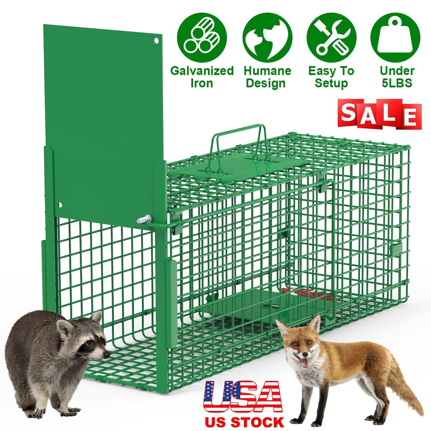 30in 1 Door Live Animal Cage Trap For Animals Under 5LBS Easy To Setup Humane Galvanized Iron Trap Cage For Small Cats Rabbits Squirrels Moles Chipmun
