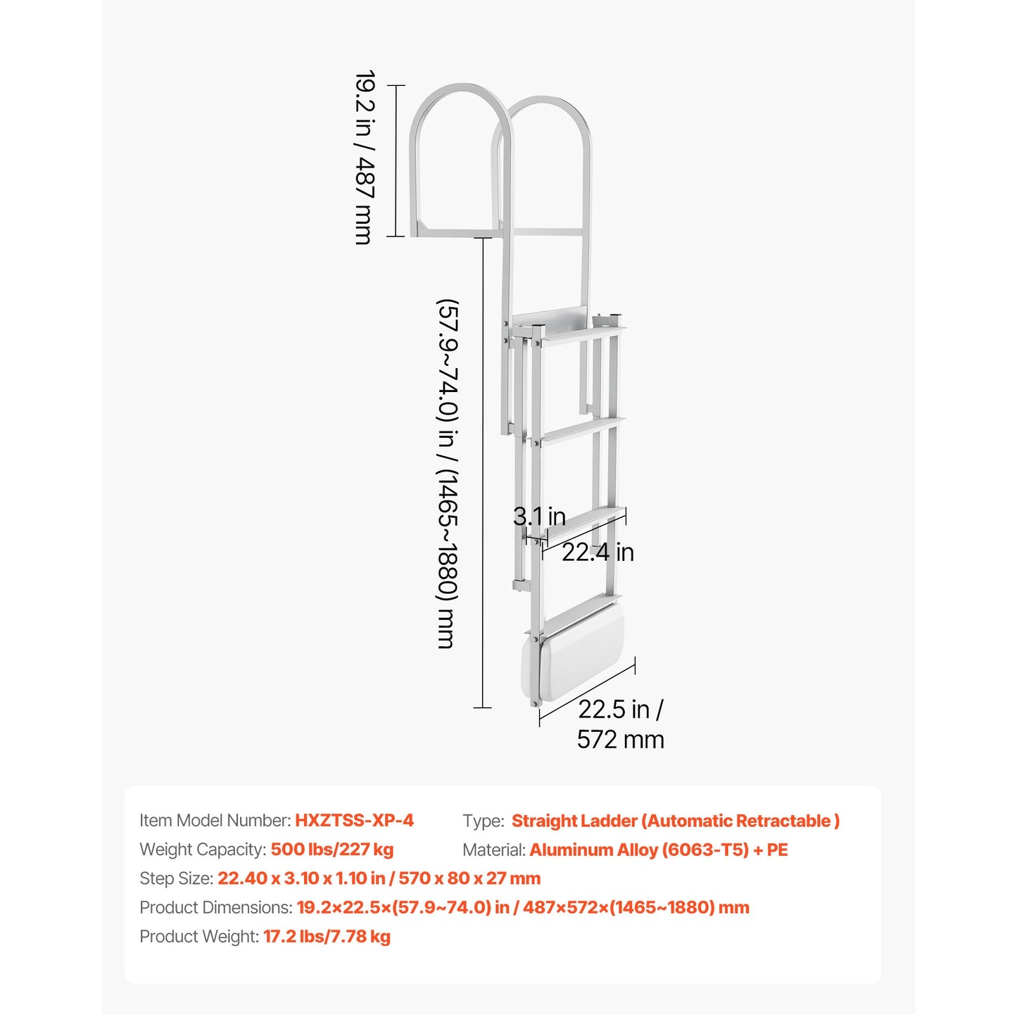Retractable Dock Ladder, 4 Steps, Aluminum Alloy Swim Ladder