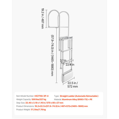 Retractable Dock Ladder, 4 Steps, Aluminum Alloy Swim Ladder