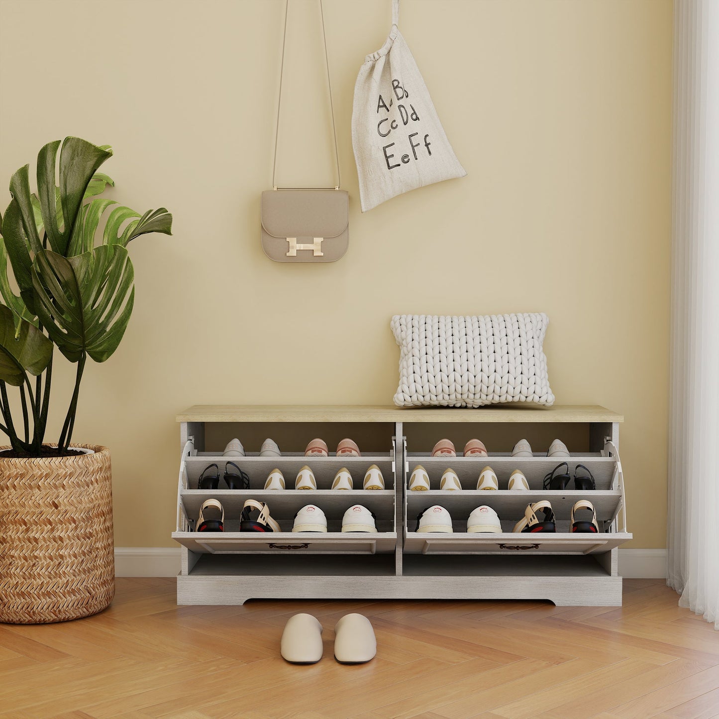 Shoe Storage Bench with 2 Flip Drawers and Adjustable Shelf - Antique