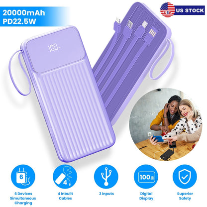 PD22.5W Fast Charger 20000mAh Fast Charging Power Bank Portable Charger with 4 Inbuilt Cables Digital Display Handle Fit For IOSPhone 15/14 Android An