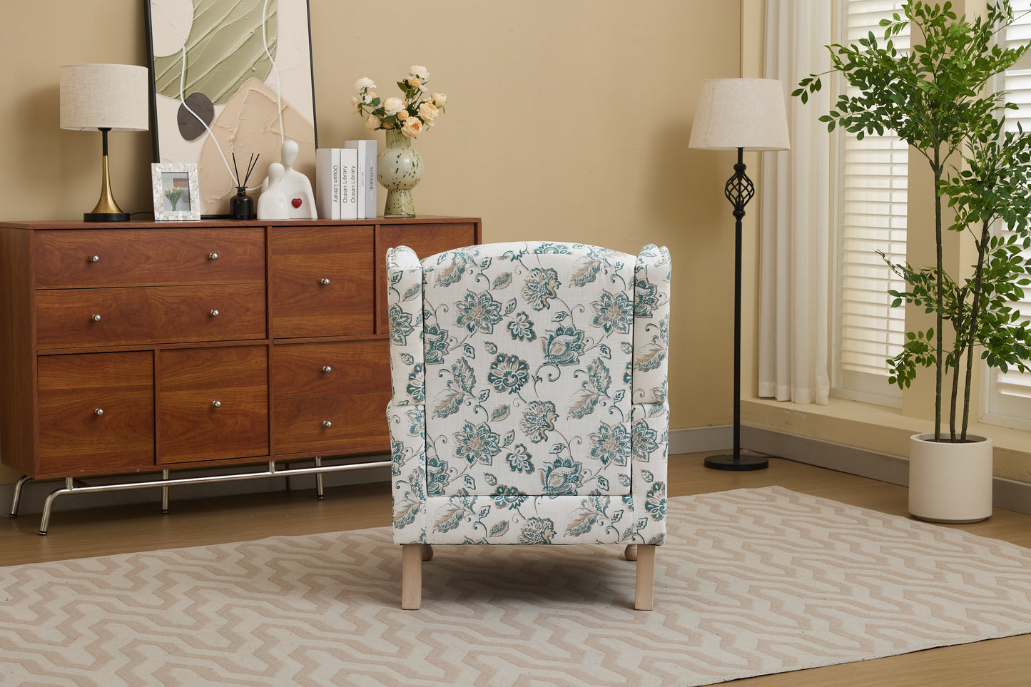 Modern Accent Chair with Retro Wood Legs and Floral Design