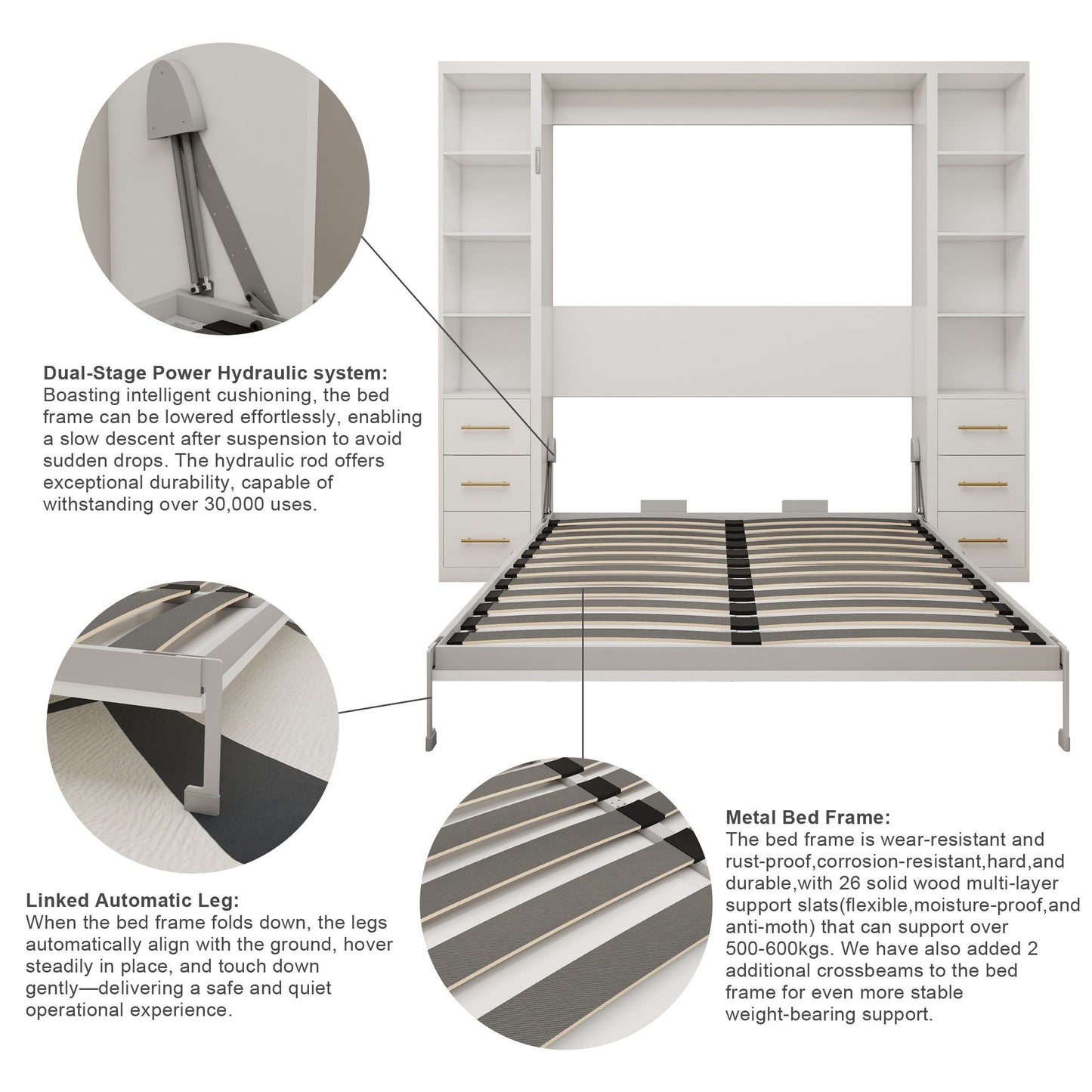 Queen Size Murphy Wall Bed With Side Storage Cabinets - White