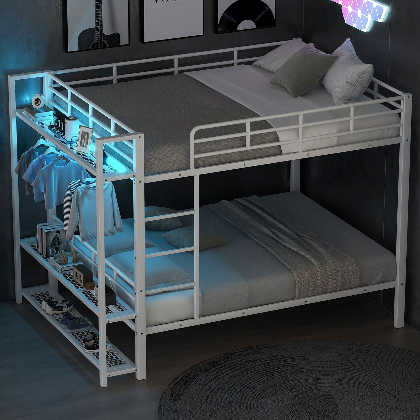 Bunk Bed With Storage Shelves, Clothes Hooks, LED Light