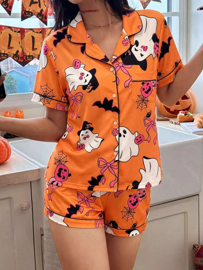 Halloween Ghost Print Button-Down Top and Shorts Lounge Set