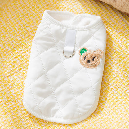 Cute Bear Patch Quilted Pet Vest, Warm Padded Dog Gilet For Small Dogs With Retro Style