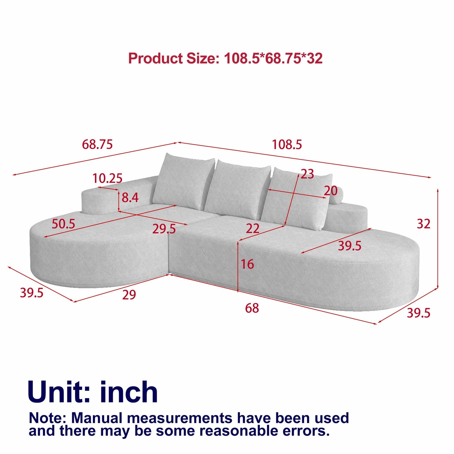 Modern Curved Sofa, L-Shaped Modular Sectional Set With 3 Pillows