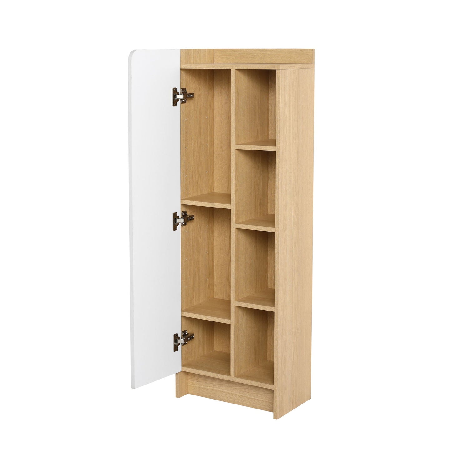 Tall Freestanding Bathroom Side Cabinet With Single Door & 4 Tier Open Shelves - Black / Light Oak / White