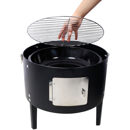Heavy Duty Round Bbq Grill 17" Steel Charcoal Smoker For Outdoor Cooking - Black