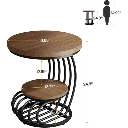 Round Vintage End Table With 2 Tier Storage