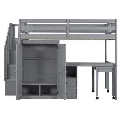 Loft Bed With Stairs, Bookshelf, Drawers, Desk & Wardrobe, Space Saving Multifunctional Furniture