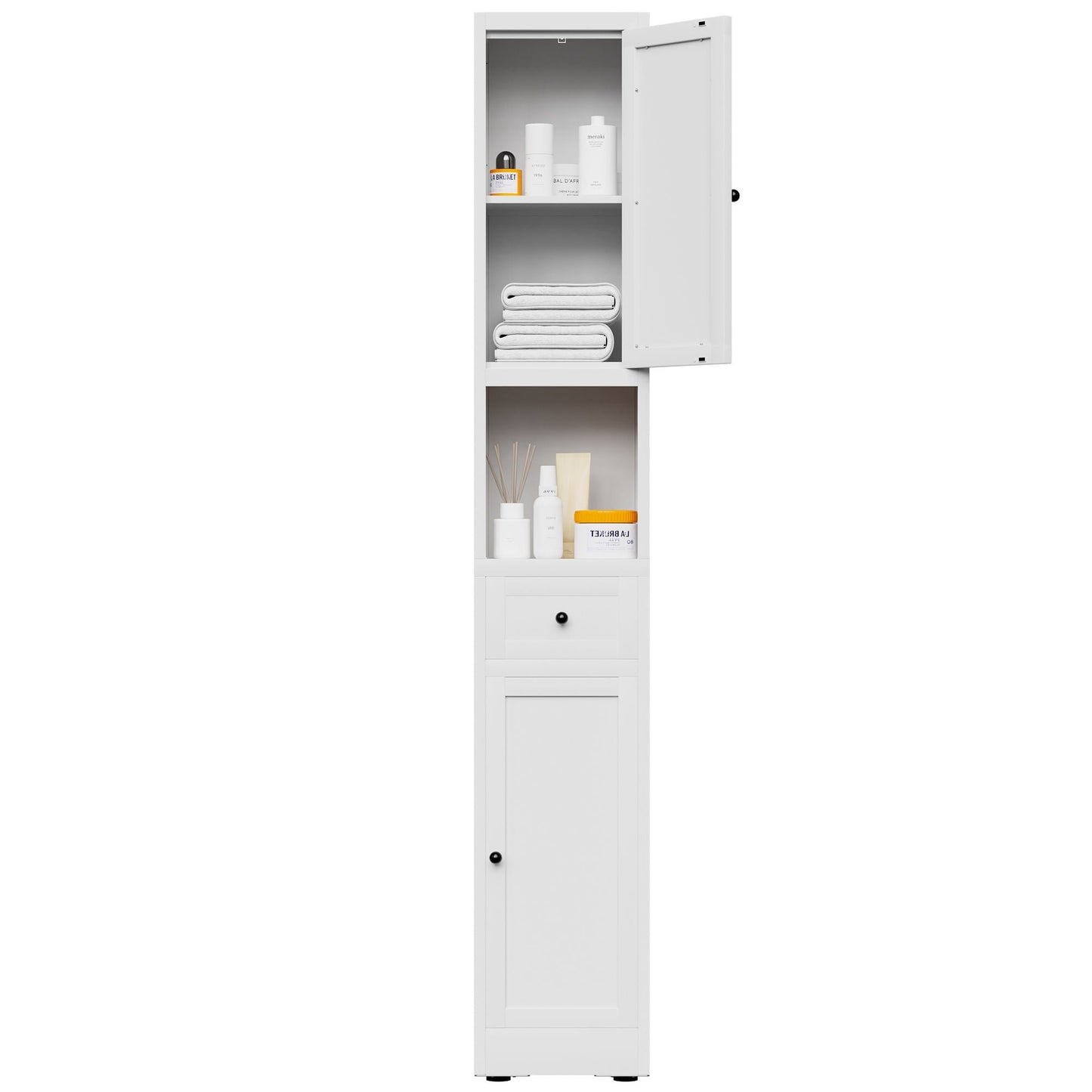 Tall Bathroom Storage Cabinet, 5-Tier Narrow With 2 Doors & Adjustable Shelves, Freestanding - White