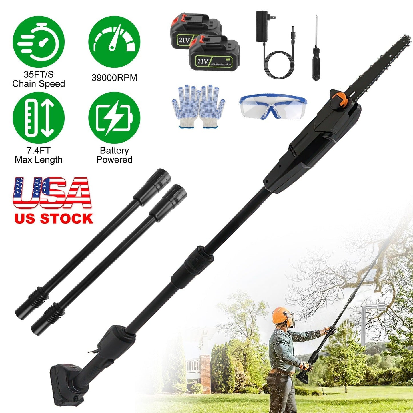 6in Cordless Pole Saw 7.4FT Maximum Extendable Length 35FT/S Speed Electric Pole Chainsaw 2Pcs 3.0Ah Batteries And Charger Included For Pruning Trimmi